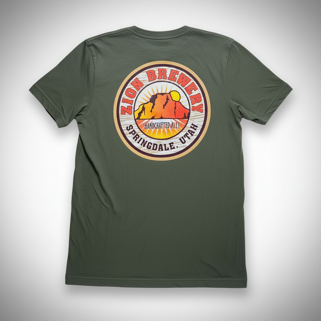 Green t-shirt with Zion Brewery logo on a white background