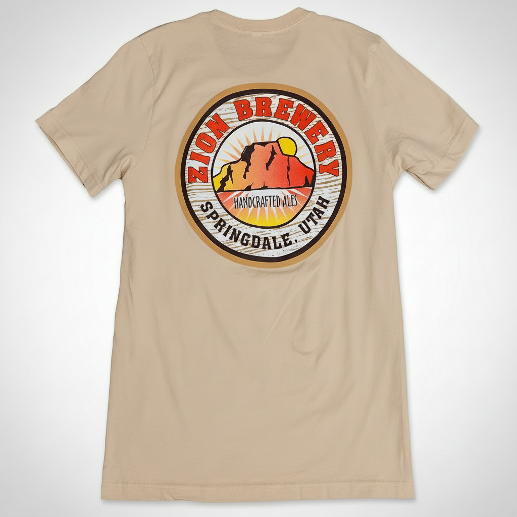Beige t-shirt with Zion Brewery logo on a white background