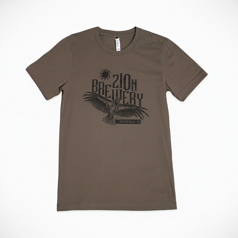 Brown t-shirt with '210 Brewery' graphic design on a white background