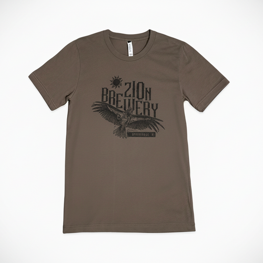 Brown t-shirt with '210 Brewery' graphic design on a white background