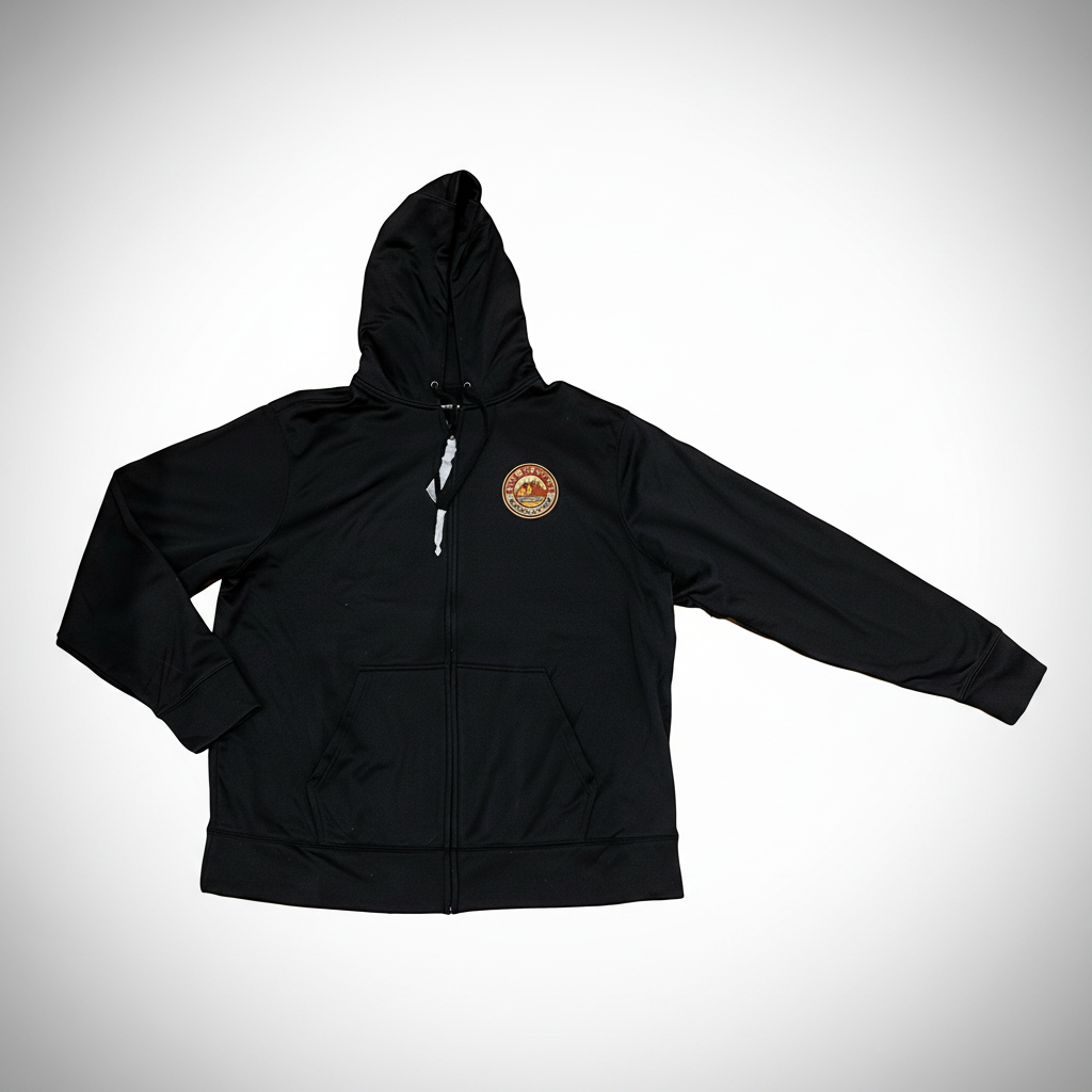 Black hoodie with a logo on the chest against a white background