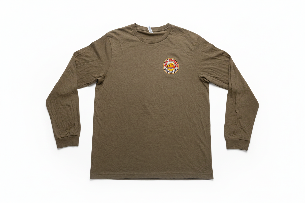 Brown long-sleeve shirt with a logo on a white background