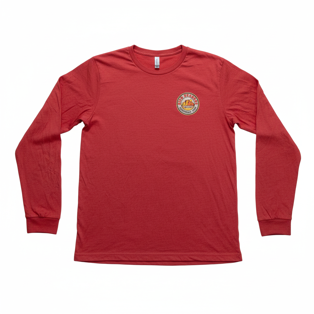 Red long-sleeve shirt with a logo on a white background