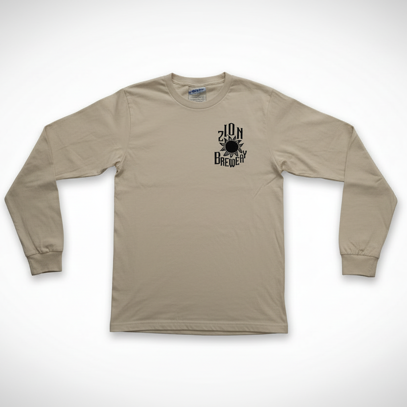 Beige long-sleeve shirt with a logo on a white background